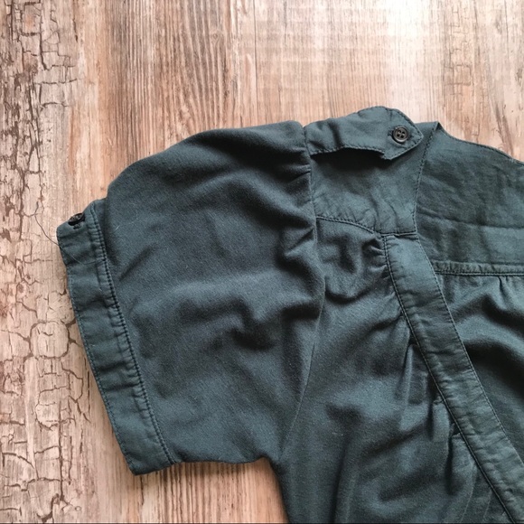 CLU Military Tux V Neck Ruched Green Top Shirt M - Picture 2 of 5